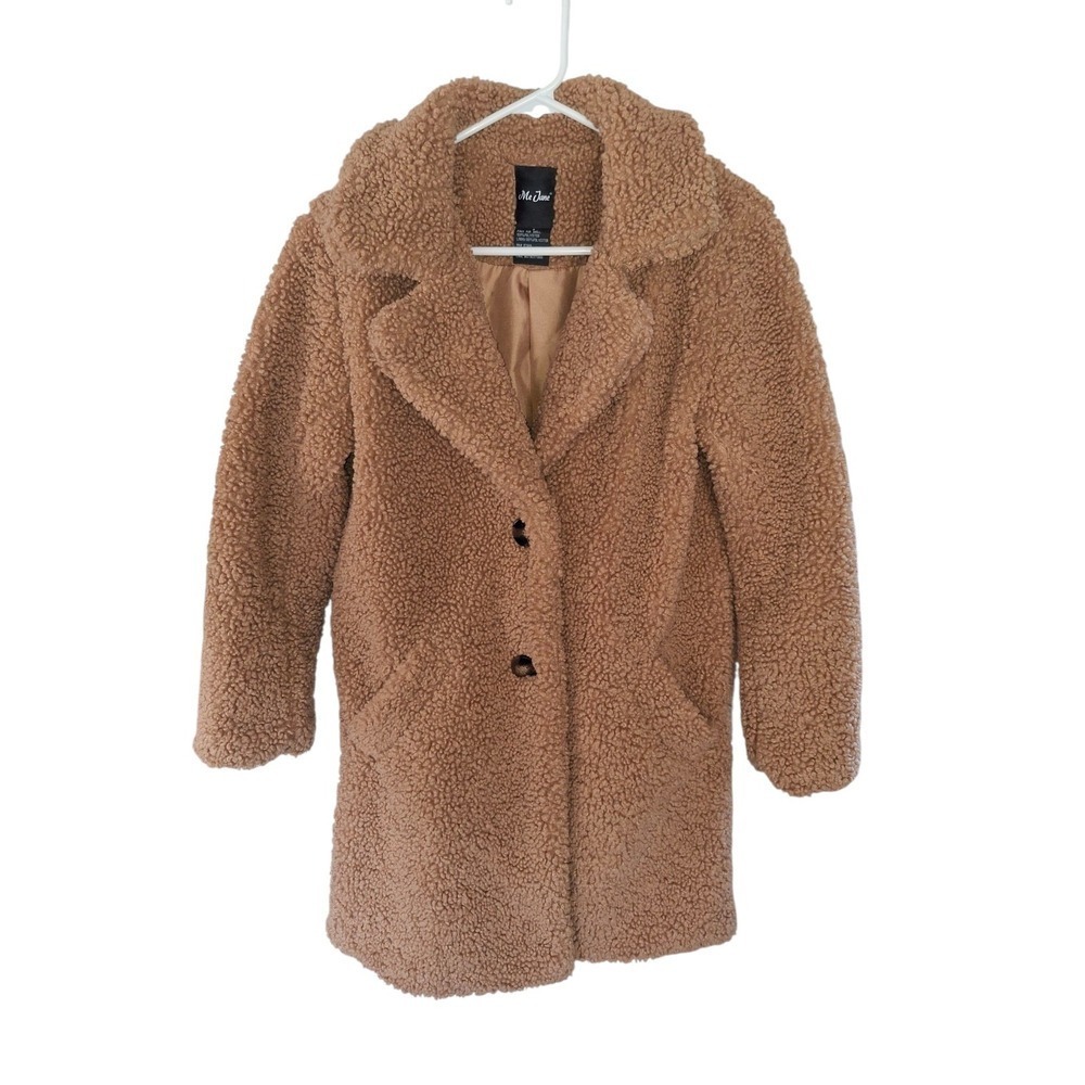 Me Jane Teddy Coat Womens Small Faux Fur Button Up Hip Length Tan 90s Y2K